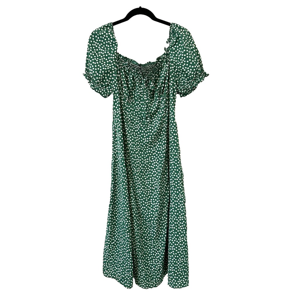 Cottagecore Floral Midi Dress 1X Green Milkmaid Smocked Puff Sleeve Coquette